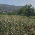 Bulgarian painting with mountains with chicory flowers