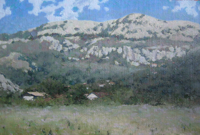 Mountain landscape painting Montenegro with a village in trees