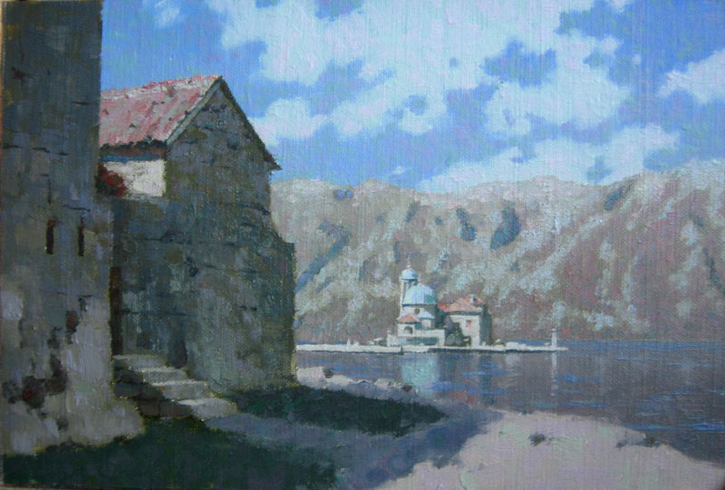 Our Lady of the Rocks island (buildings on Gospa od Skrpjela island) oil landscape painting by artist Daniil Belov
