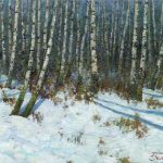 Oil landscape painting Birches by Daniil Belov with trees and snow
